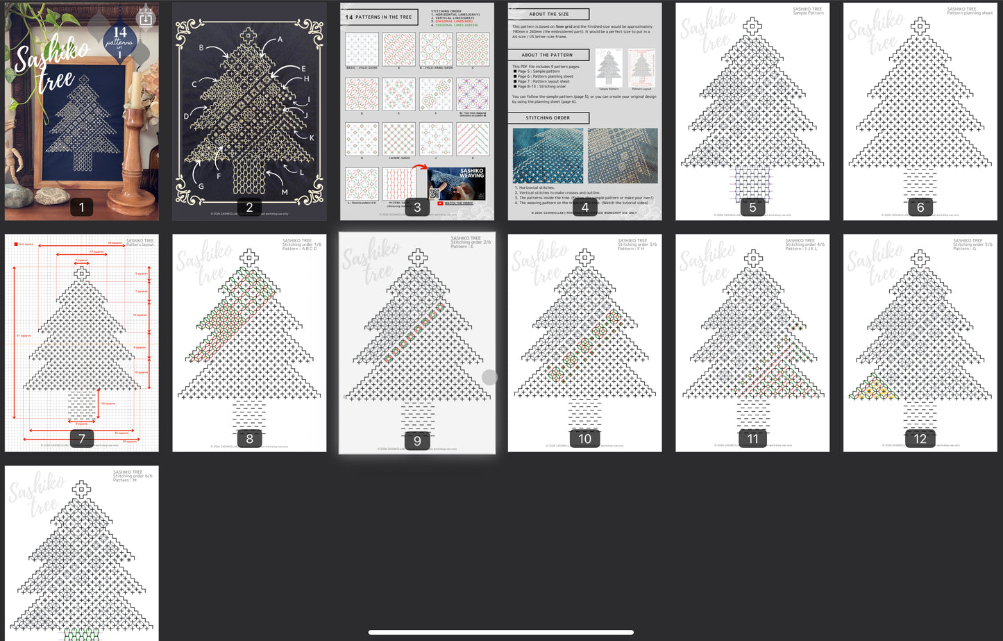【PDF PATTERN】SASHIKO TREE / Hitomezashsi Sashiko Christmas tree with 14 patterns!